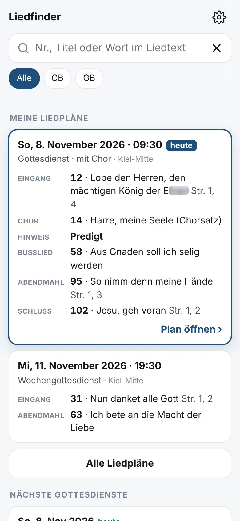Startseite der App mit dem heutigen Liedplan