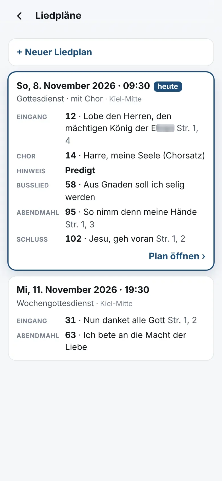 Übersicht der Liedpläne mit dem heutigen Gottesdienst