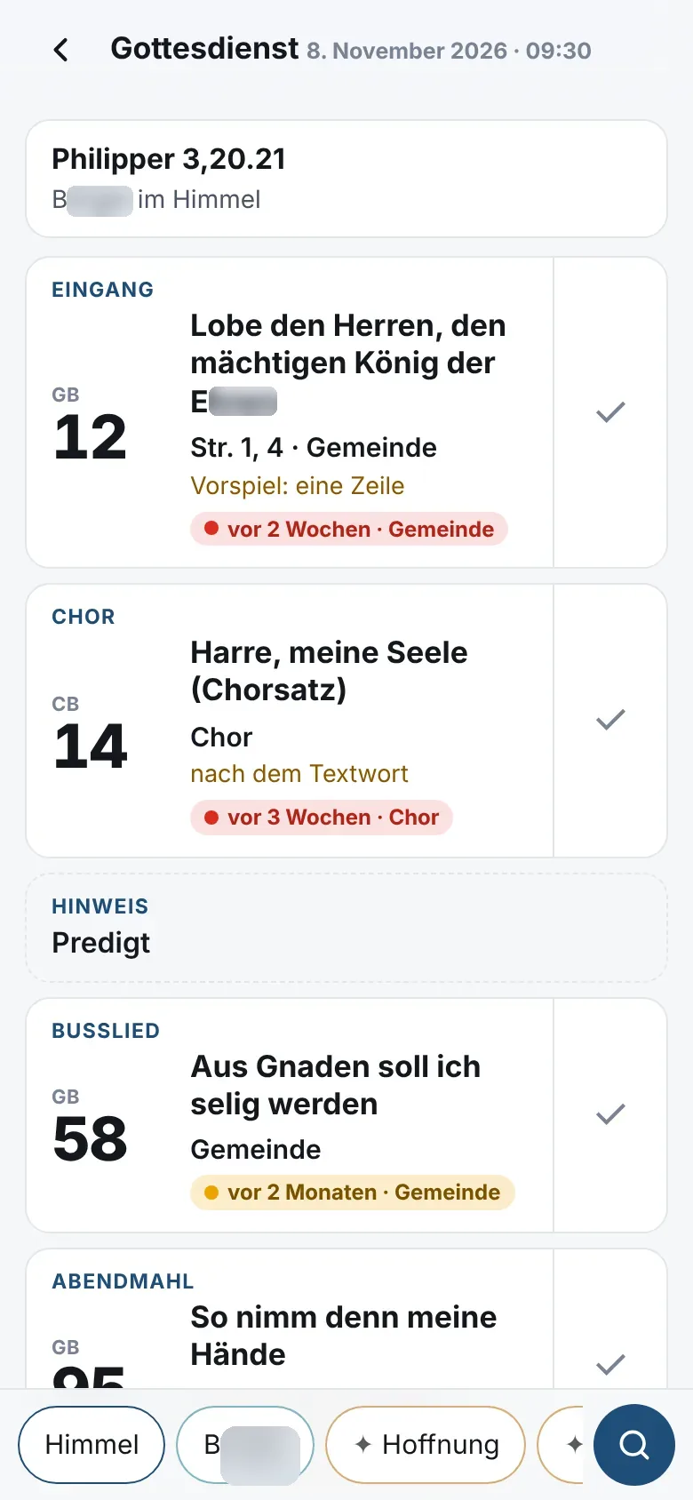 Veranstaltungsmodus: Liedauswahl für den Gottesdienst