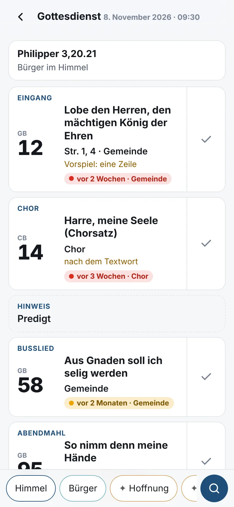 Liedplan im Veranstaltungsmodus der App
