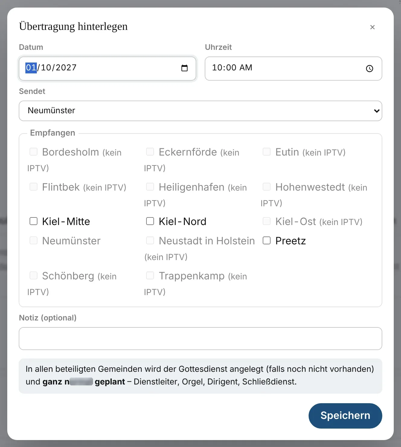 Übertragung hinterlegen: Sender und empfangende Gemeinden
