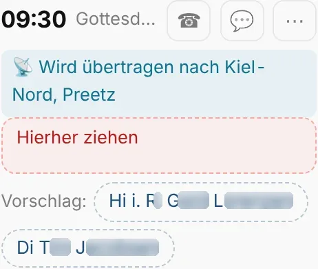 Tagesansicht: sendende Gemeinde mit Hinweis