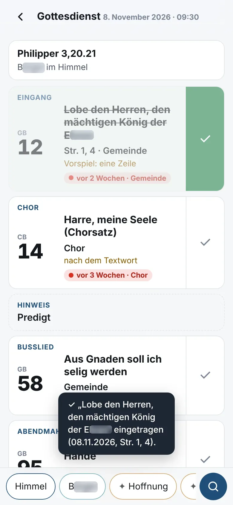Lied als gesungen markiert, Bestätigung erscheint