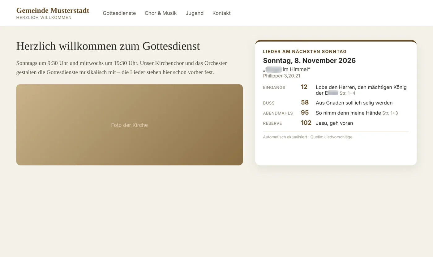 Beispiel: Gemeinde-Website zeigt die Lieder für den nächsten Sonntag