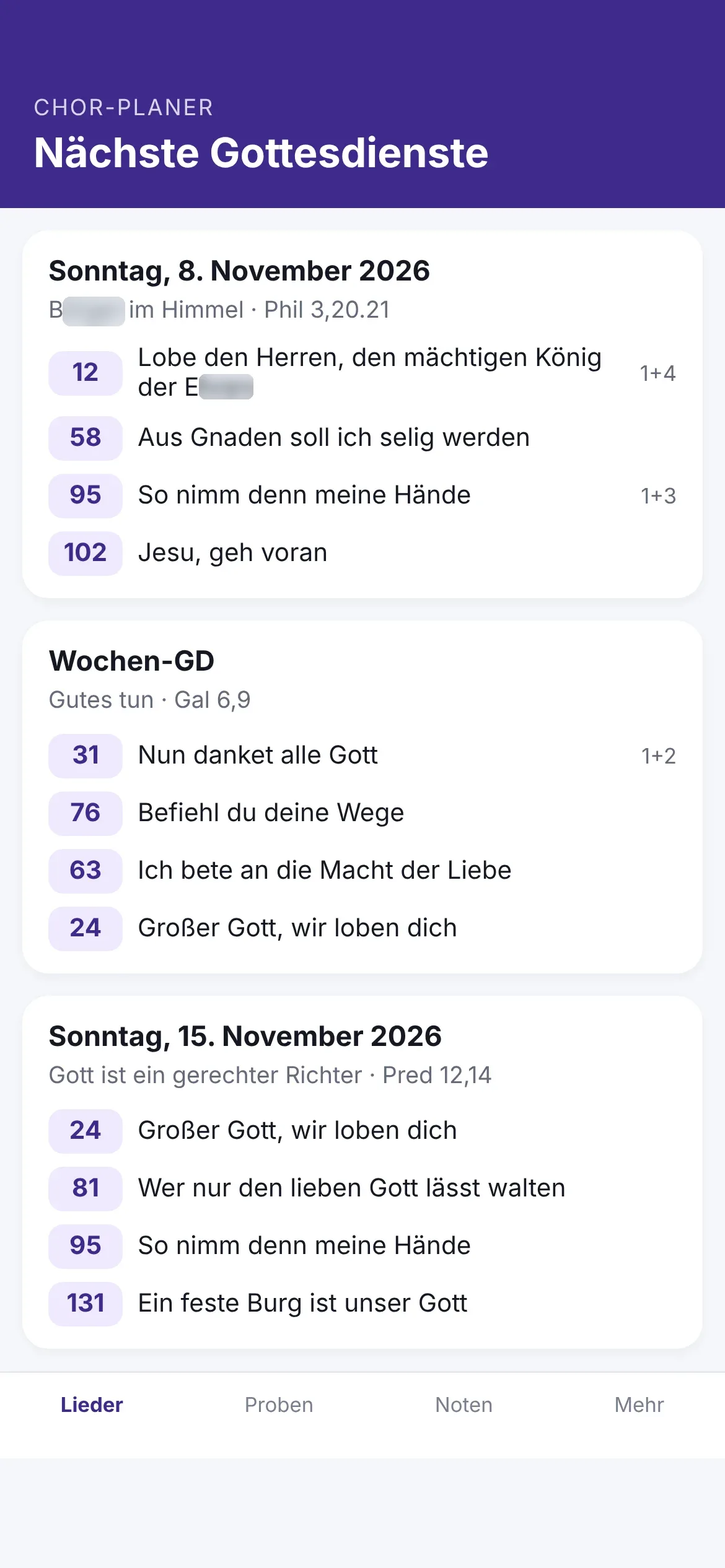 Beispiel: Chor-App mit den nächsten Gottesdiensten und Liedern