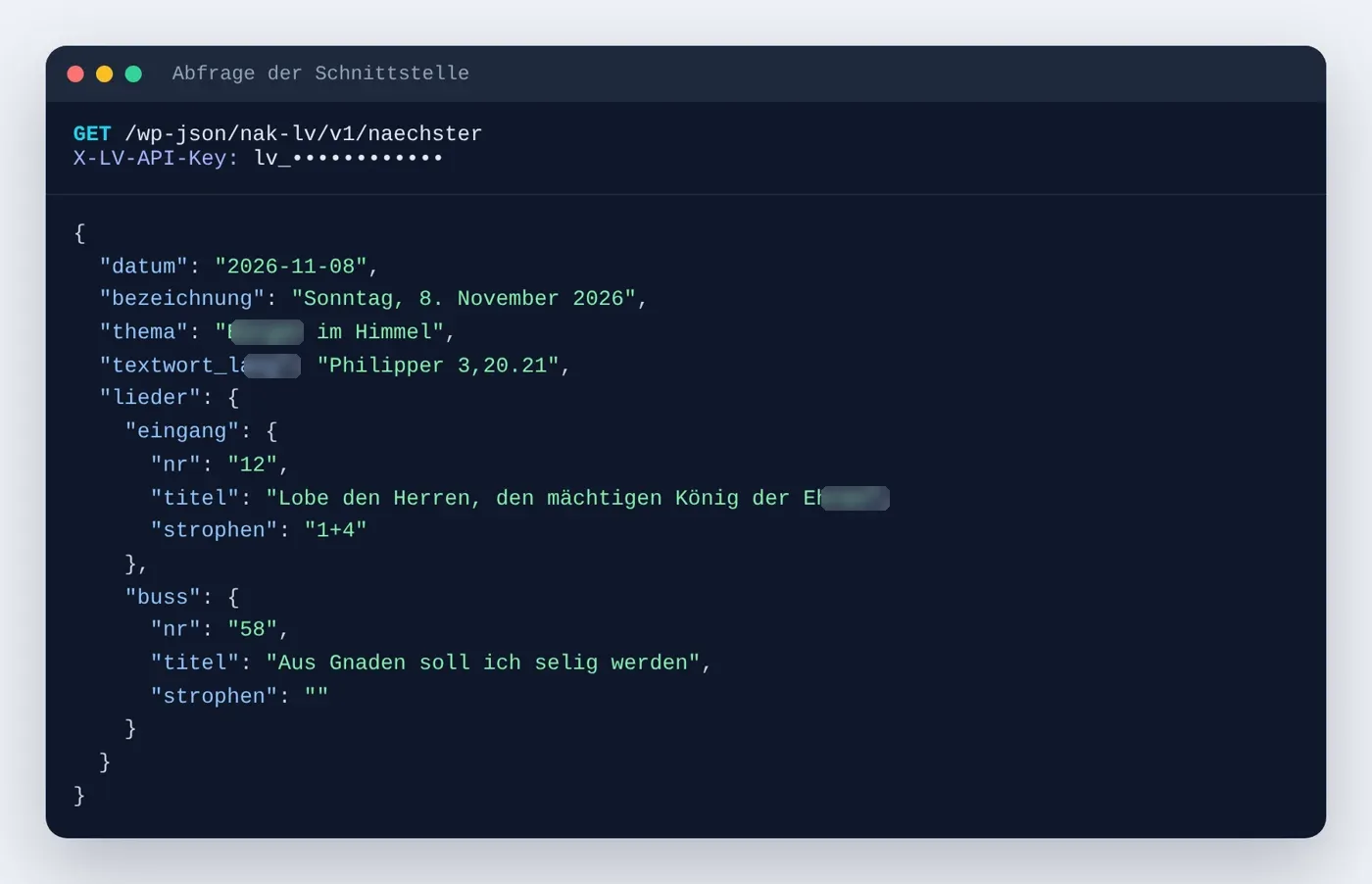 Beispiel einer Abfrage und der Antwort im JSON-Format