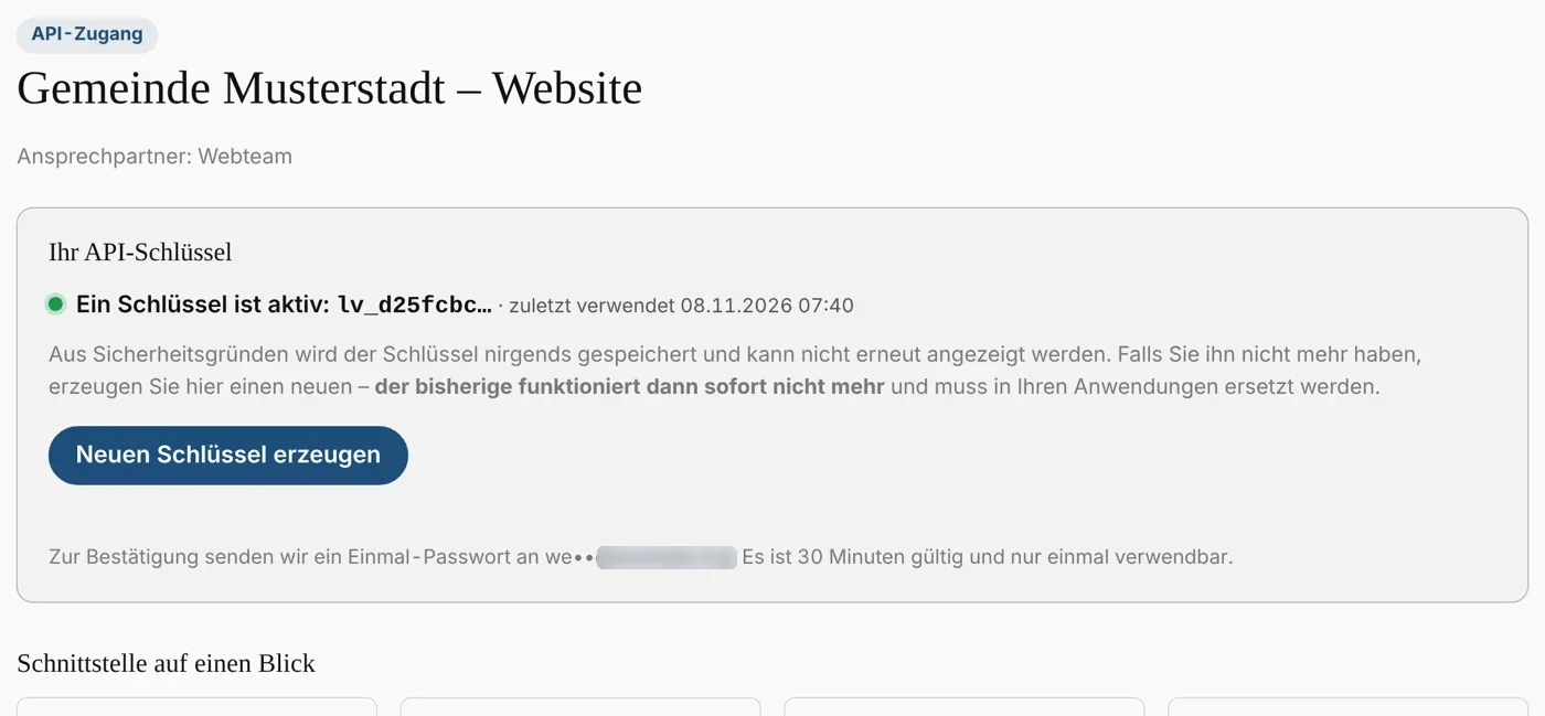 Persönliche Zugangsseite: Schlüssel erzeugen und Übersicht der Schnittstelle