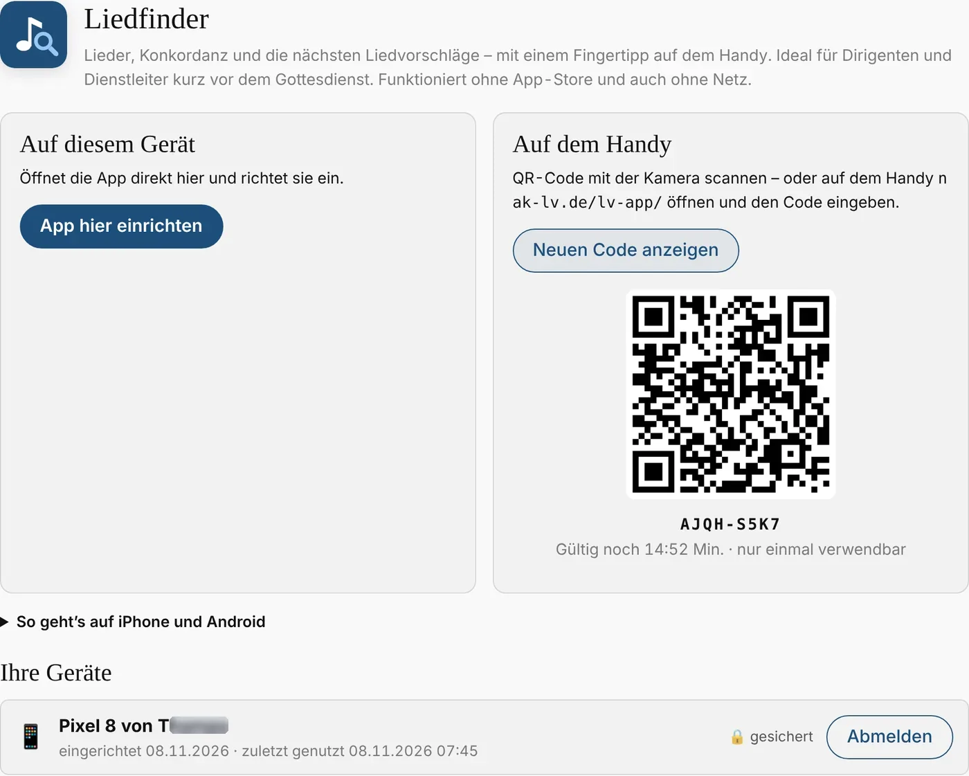 Gerät koppeln: QR-Code und Kopplungscode auf der Website