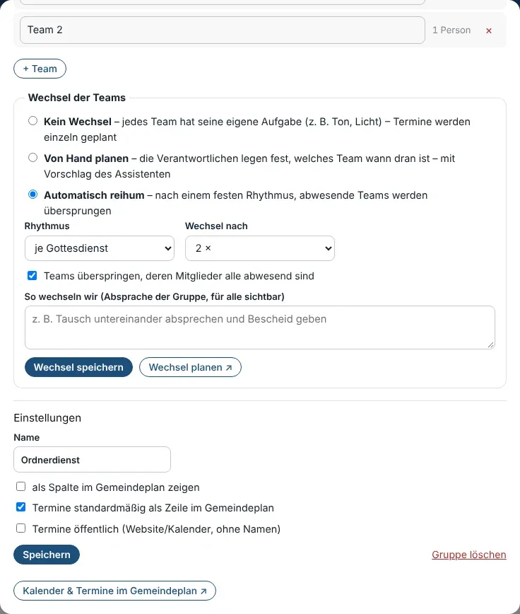Wechsel der Teams einstellen