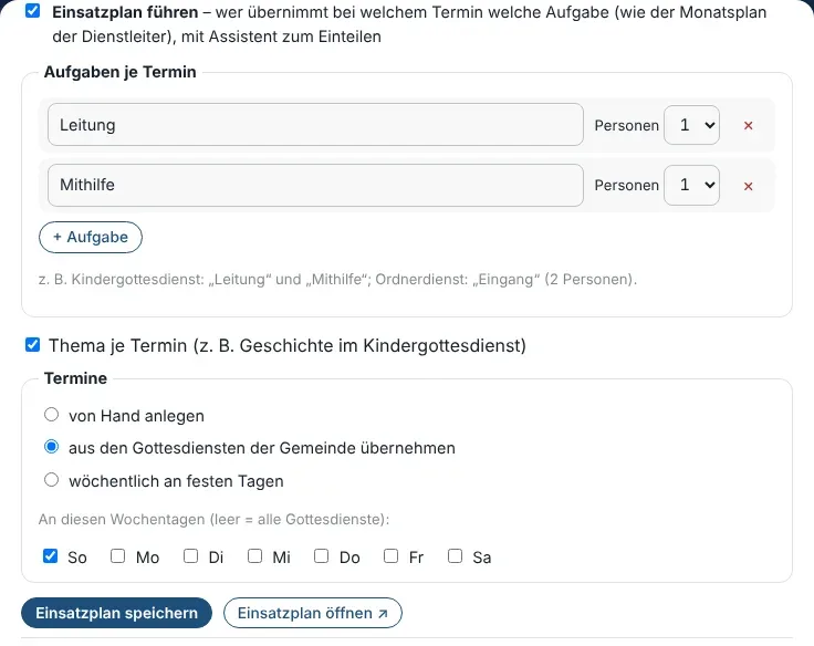 Einsatzplan einstellen: Aufgaben, Thema, Termine