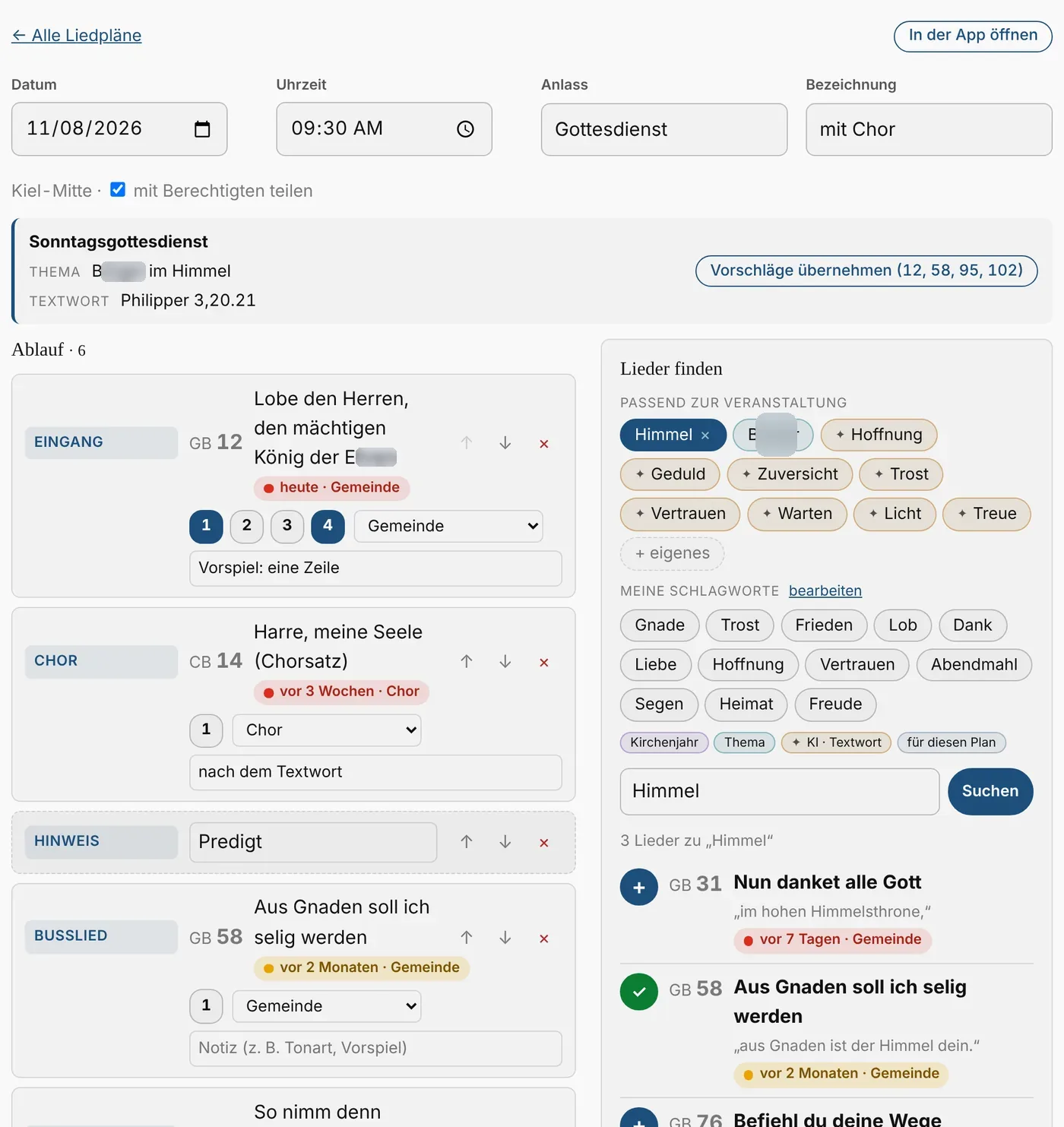 Liedplan auf der Website mit Schlagworten und Suchergebnissen