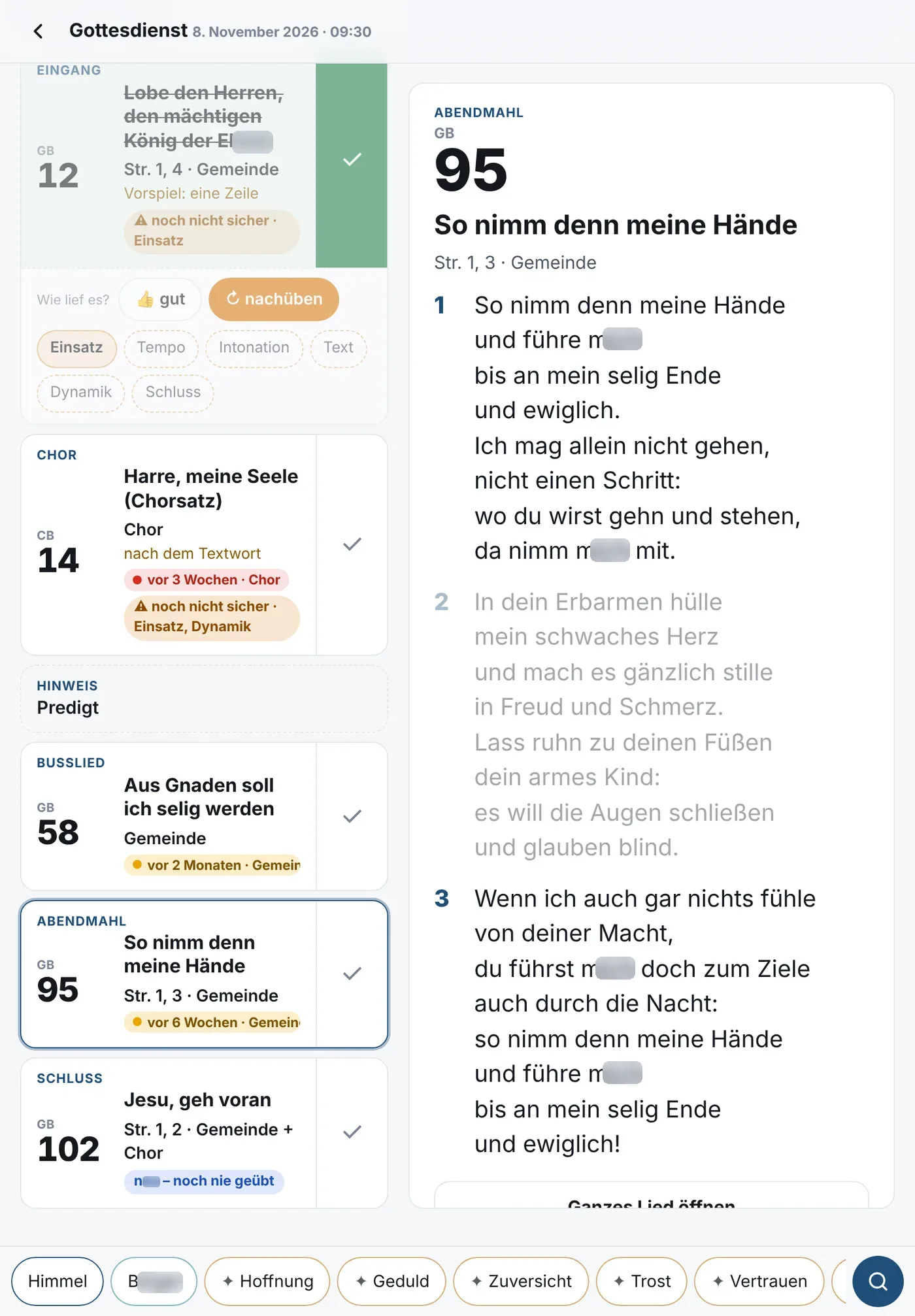 Tablet hochkant mit Liedtext