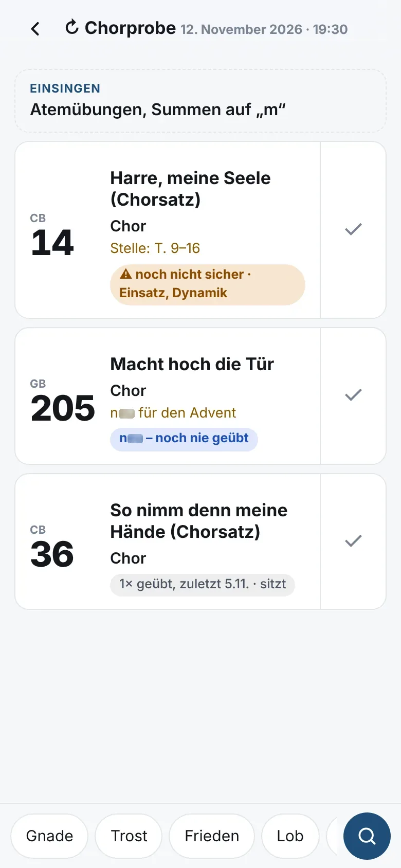 Übungsstunde in der App mit Übungsstand je Lied