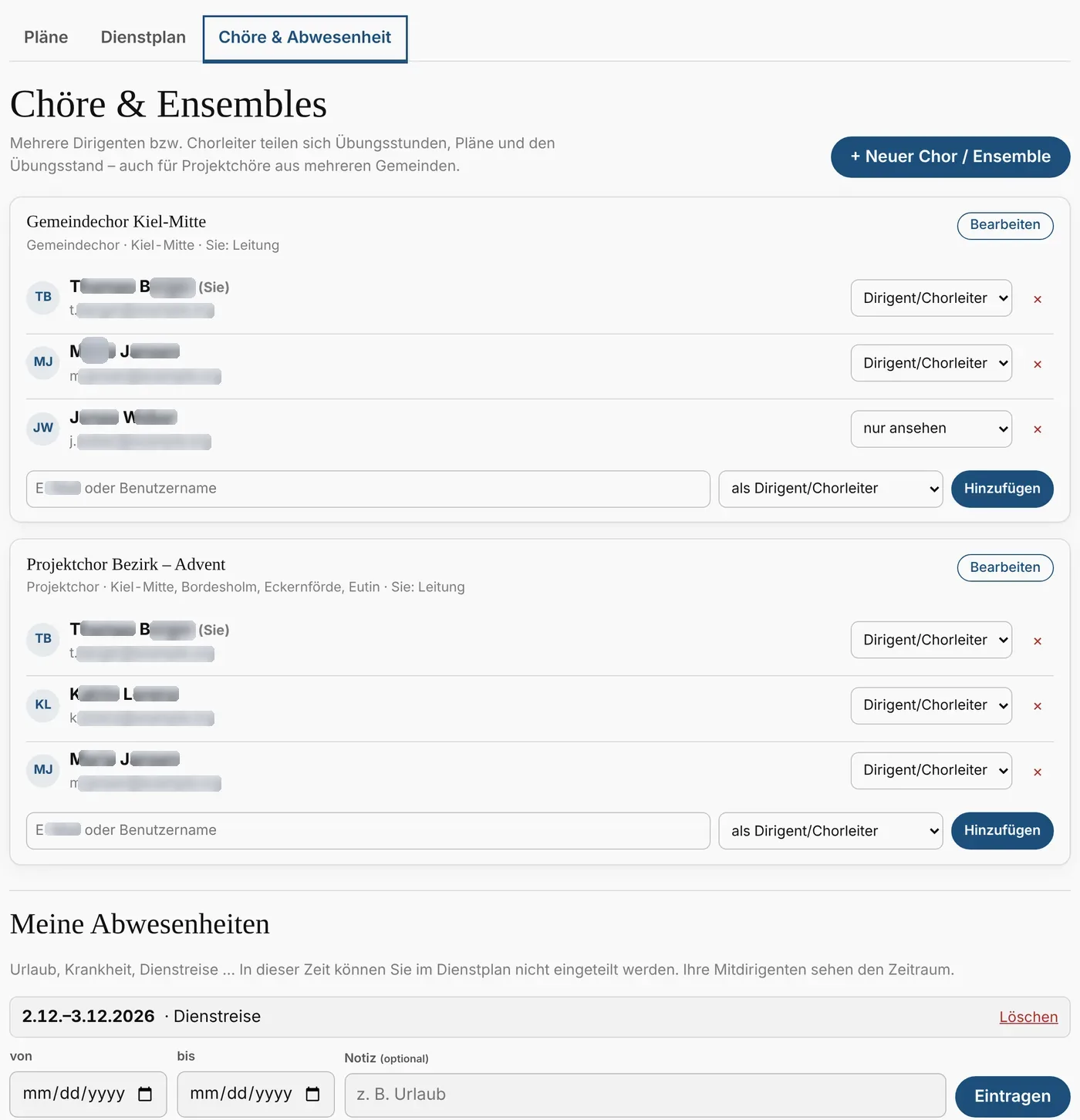 Chöre und Ensembles mit Dirigenten und Abwesenheiten