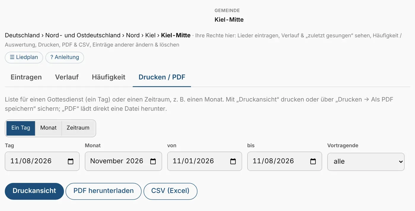 Drucken / PDF: Tag, Monat oder Zeitraum, optional nach Vortragenden