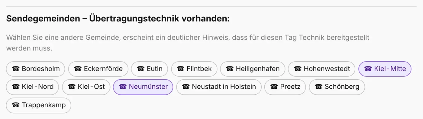 Einstellungen: Sendegemeinden mit Übertragungstechnik