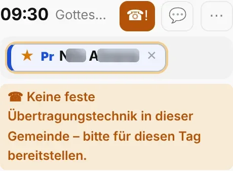 Hinweis bei einer Gemeinde ohne feste Technik