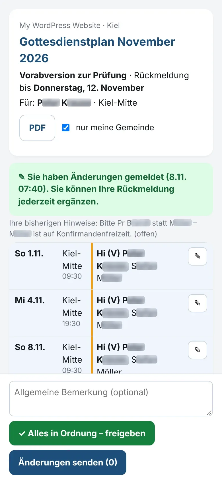 Rückmeldeseite auf dem Handy: freigeben oder Änderung melden