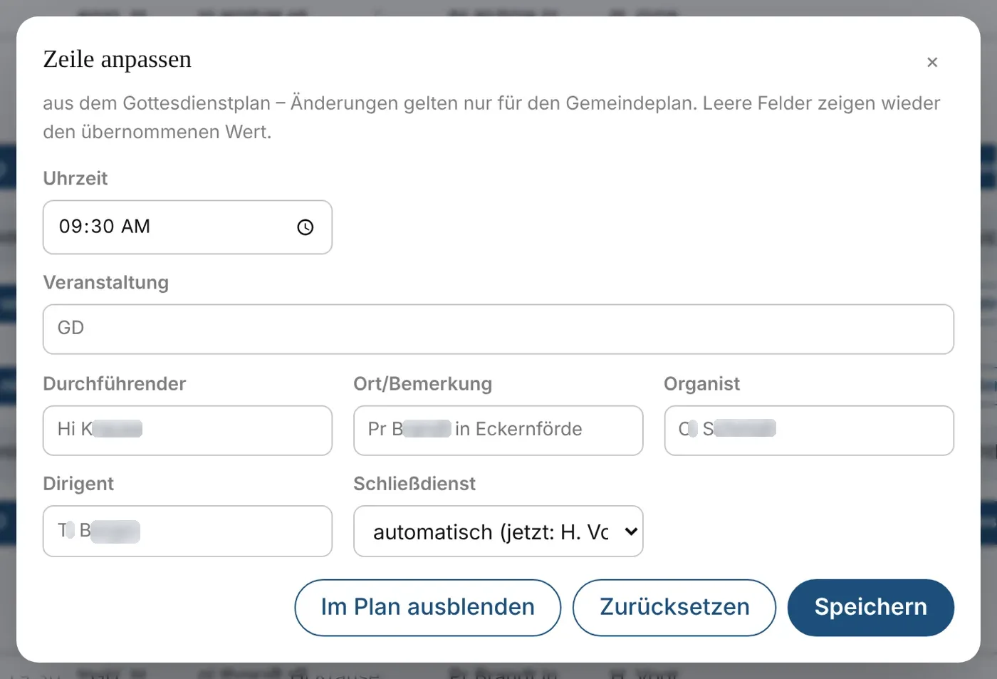 Zeile anpassen: Texte, Schließdienst, ausblenden
