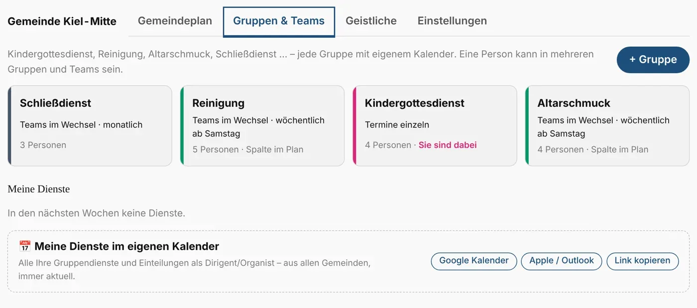 Gruppen der Gemeinde, darunter „Meine Dienste“ und das persönliche Kalender-Abo
