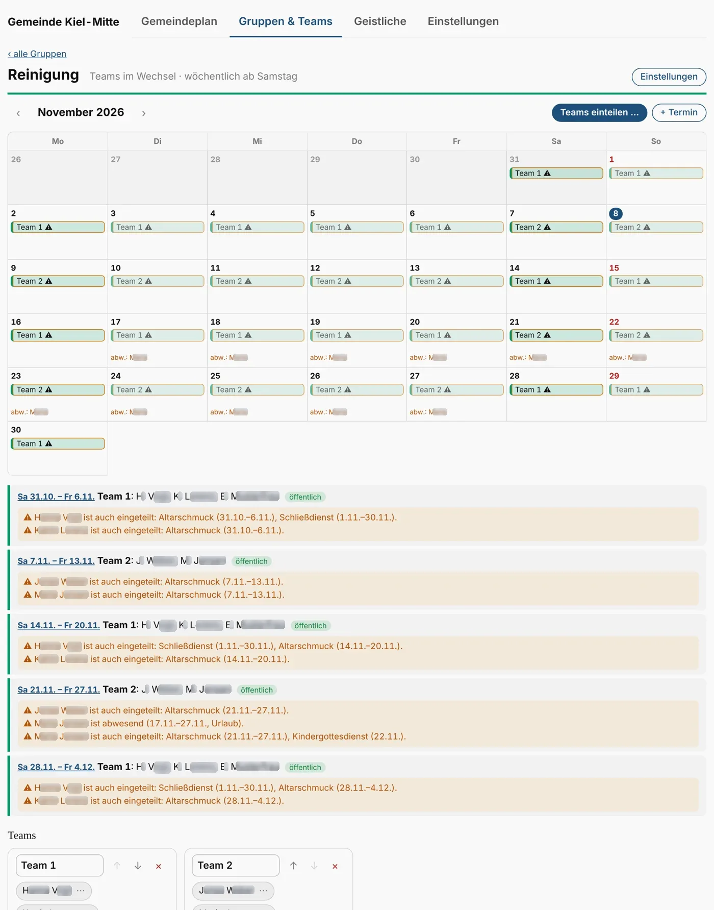 Kalender einer Gruppe mit Hinweisen auf Überschneidungen