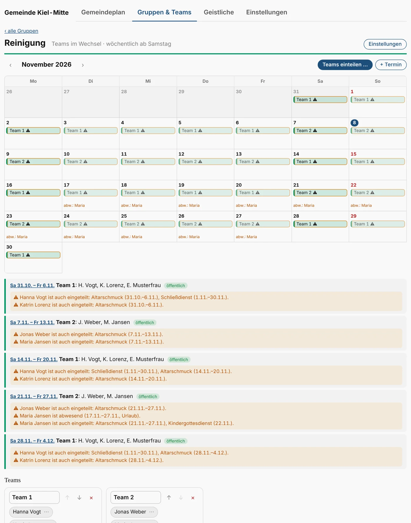 Kalender einer Gruppe mit Teams im Wechsel