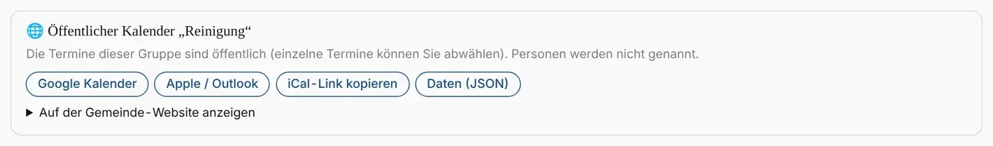 Öffentlicher Kalender mit Links und Einbett-Code