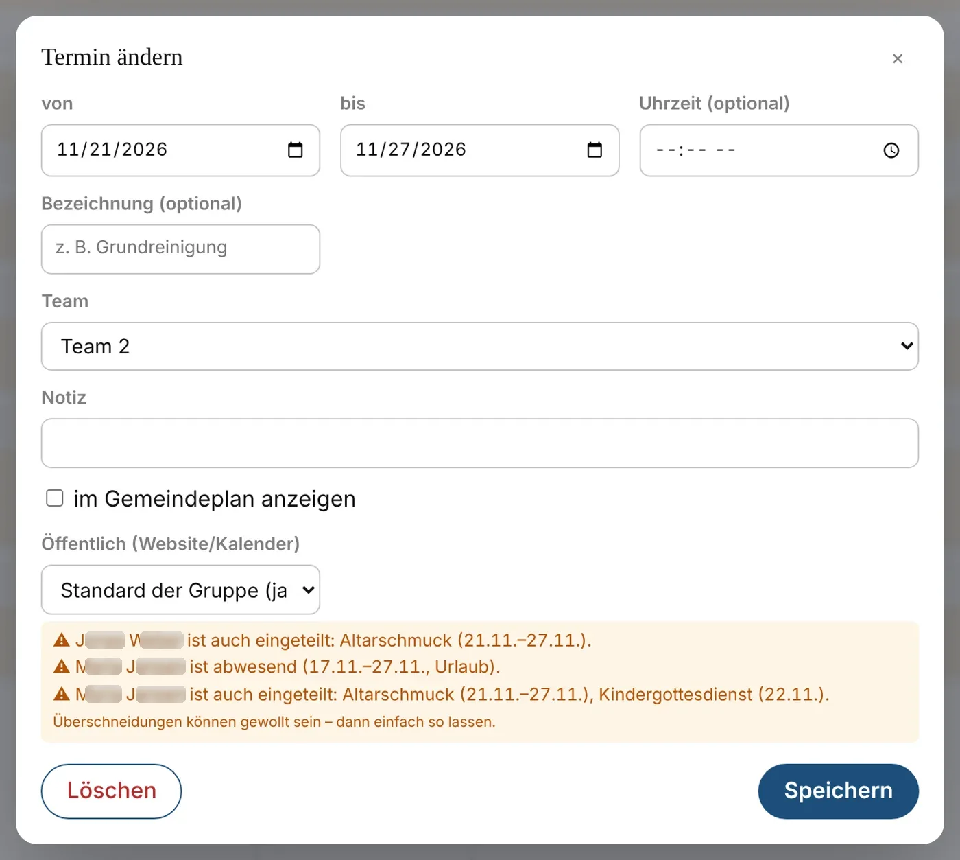 Termin einer Gruppe bearbeiten